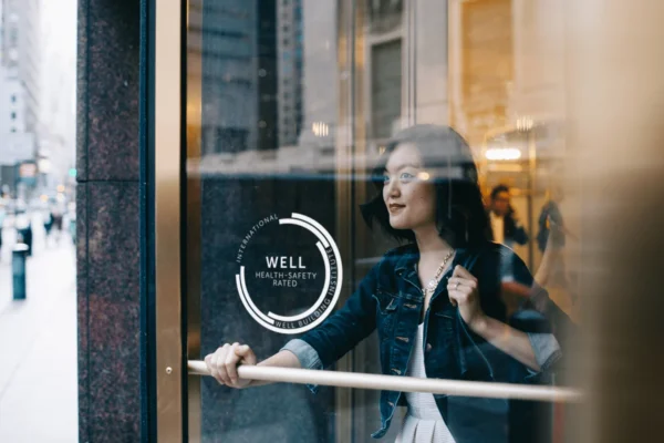A woman walking out of a glass door from a building with the WELL logo on the glass