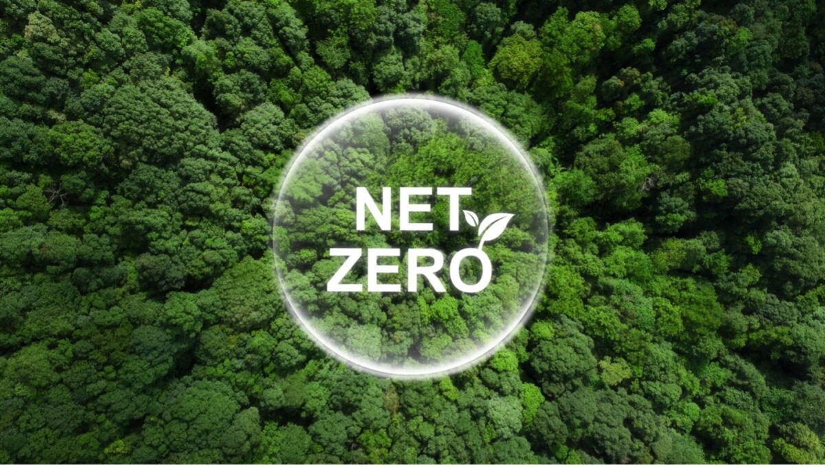 Trees in the background with the words Net Zero placed on top within a circle